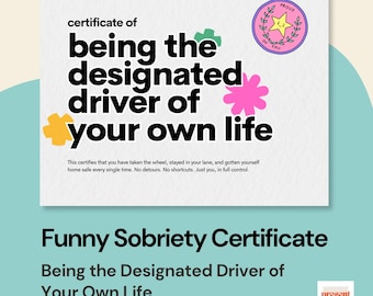 Certificado de sobriedad divertido / Conductor designado de tu vida (descarga imprimible) / Regalo de aniversario de sobriedad