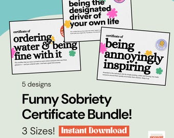 Paquete de divertidos certificados de sobriedad / 5 diseños, 3 tamaños (descarga instantánea) / Regalo de aniversario de sobriedad / imprimible