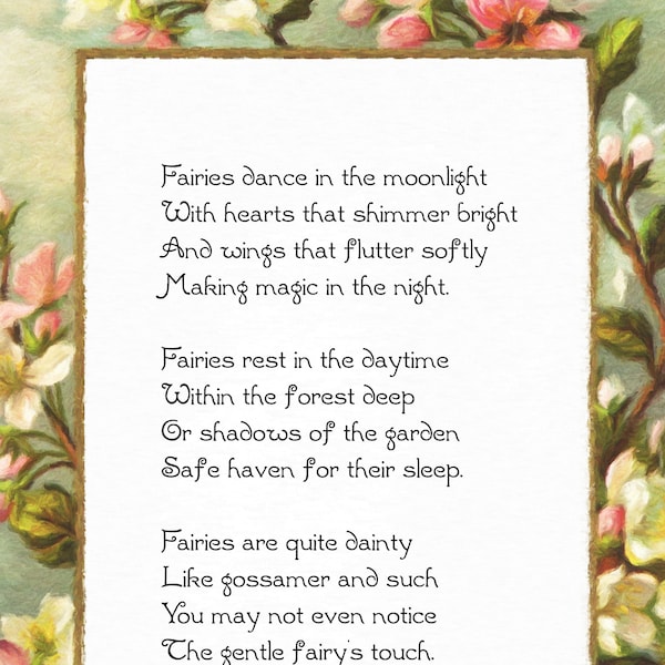 Fairies Dance in the Moonlight, Original Fairy Poem, DIY Printable, Instant Download, 8 1/2 x 11, 8.5x11