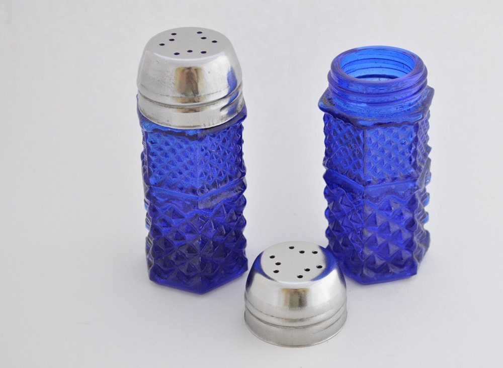 Vintage Cobalt Blue Pressed Glass Salt and Pepper Shakers Made Etsy