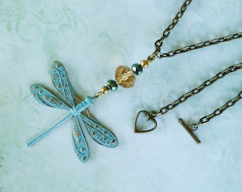 Dragonfly Necklace, Whimsical Jewelry, Dragonfly Jewelry, Dragonfly Pendant, Painted Brass Dragonfly