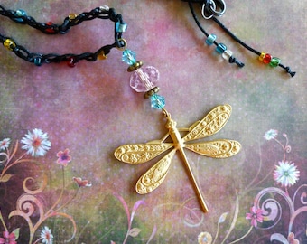 Dragonfly Necklace, Whimsical Jewelry, Dragonfly Necklace, Beaded Crocheted Jewerly