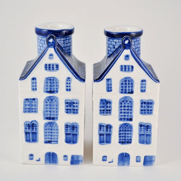 2 Vintage Delft Blue House Ceramic Candle Holders Blue and White Made in Korea