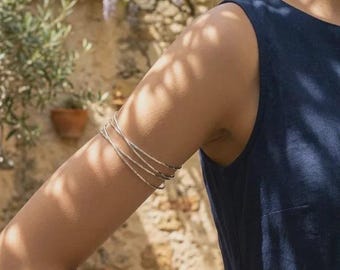 Silver Multi-Band Upper Arm Cuff, Boho Spiral Wrap Bracelet, Adjustable Festival Jewelry