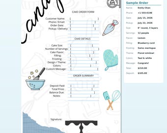 Cake Order Form Template Canva - Teal Bakery Order Form - Custom Cake Order - Editable Bakery Template - Instant Download
