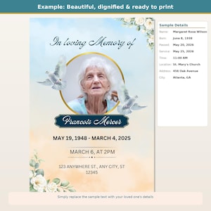 Può includere: Un modello di programma funebre con il ritratto di una persona anziana all'interno di un cerchio dorato, affiancato da due colombe bianche. Il testo recita In loving Memory of, Francois Mercer, MAY 19, 1948 - MARCH 4, 2025, e MARCH 6, AT 2PM, con decorazioni floreali.