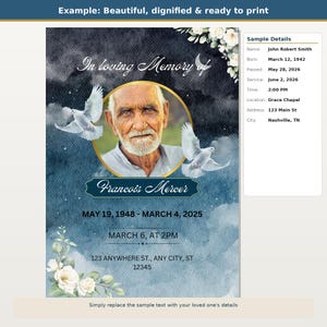 Può includere: Un modello di programma funebre con sfondo acquerello blu scuro, rose bianche, due colombe bianche e una cornice circolare per un ritratto. Il testo include In loving Memory of, Francois Mercer, date e dettagli dell'indirizzo segnaposto.