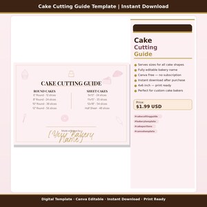 May include: A digital cake cutting guide template featuring a light pink background with dark text. It lists slice counts for round cakes from 6 to 12 inches and sheet cakes from 9x13 to 12x18 inches. Includes a placeholder for a bakery name.