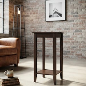 May include: A tall, dark brown wooden side table featuring a square top and a lower shelf supported by four straight legs. The table has a smooth, flat surface and a simple, open frame design, providing a stable structure for placement in a room.