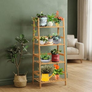 May include: A five-tier bamboo ladder shelf holding various potted plants, including a blue pot labeled NO.04, a red pot labeled NO.04, and a yellow watering can planter. The shelf features a light wood finish and a slatted design.