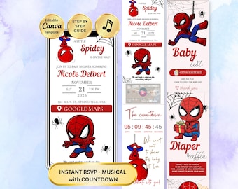 Spiderman Baby Shower Invitation, Superhero Baby Boy Digital Invite, Editable Canva Website, Online RSVP, Comic Baby Shower E Invite