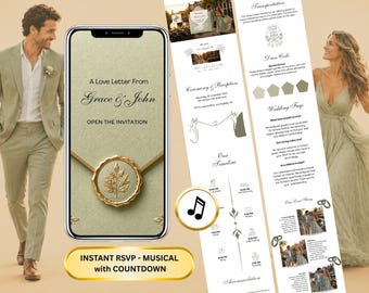 Green Wedding Website with RSVP,  Wedding Timeline Website, Old Money Clasic invite Wedding Invitation, Editable Wedding Website Countdown