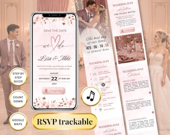 Dusty Pink Digital Marriage Invite Animated Save the Date Minimal Wedding Invite Digital Wedding Canva Template Wedding Countdown