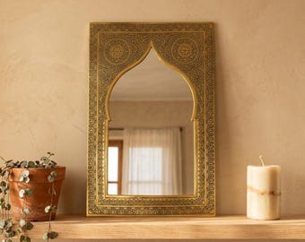 Miroir arcade marocain en laiton, tenture murale bohème, décoration faite main, centre de table, décoration d'étagère