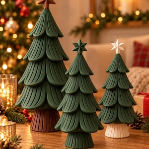 Peut inclure: Trois figurines d'arbres de Noël décoratives avec des branches vertes festonnées en gradins et des étoiles au sommet. Le plus grand arbre a une base marron, le moyen une base verte et le plus petit une base blanche, tous avec des nervures.