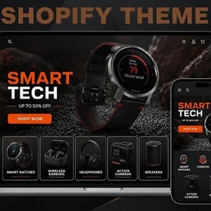 Puede incluir: Un ordenador portátil y un smartphone muestran un sitio web de comercio electrónico con tema oscuro titulado SMART TECH. La interfaz presenta un reloj inteligente, auriculares inalámbricos, cascos, una cámara de acción y un altavoz con botones naranjas.