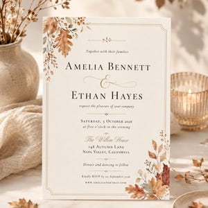 May include: A rectangular wedding invitation card featuring watercolor autumn leaves in the top left and bottom right corners. The text reads Amelia Bennett and Ethan Hayes, with event details for October 3, 2026, at The Willow House in California.