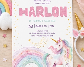 Unicorn Birthday Invitation, Rainbow Unicorn Party Invite, Magical Unicorn Birthday Template, Pastel Unicorn Invitation, Editable Canva