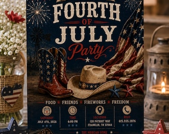 Fourth of July Invitation, Patriotic July 4th Party Invite, Western America Celebration Invitation, Editable Independence Day Template
