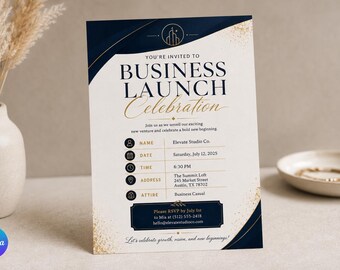 May include: A business launch invitation card featuring a navy blue and cream color scheme with gold accents. The text reads: You're invited to Business Launch Celebration, Elevate Studio Co., Saturday, July 12, 2025, 6:30 PM, The Summit Loft.