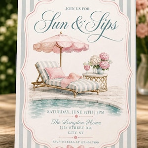 May include: A rectangular invitation card with a light blue and white striped background featuring a watercolor illustration of a pool, a lounge chair with a pink umbrella, a side table with flowers and a drink, and the text Sun & Sips.