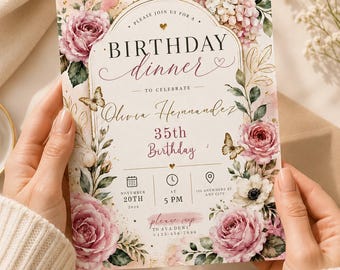 Editable Birthday Dinner Invitation, Elegant Floral Birthday Dinner Party Invite, Pink Gold Birthday Celebration Template, Digital Download