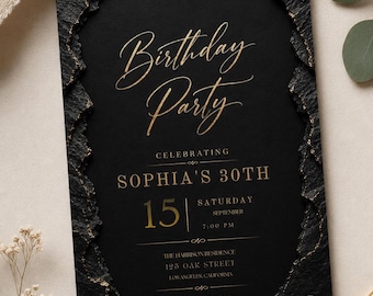 Elegant Black Gold 30th Birthday Invitation | Modern Adult Party Invite (Canva Template)