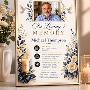 May include: A rectangular gold-framed memorial sign featuring a photo of a man, the text In Loving Memory of Michael Thompson, event details for September 20, 2025, at New Hope Baptist Church, and floral illustrations with two white doves.