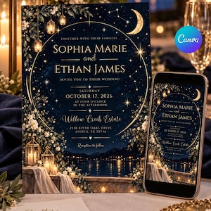 May include: A wedding invitation card and a smartphone displaying the same design, featuring a dark blue night sky with a crescent moon, stars, and hanging lanterns over a lake. Text includes names Sophia Marie and Ethan James, October 17, 2026.