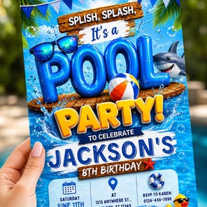 May include: A rectangular pool party invitation card featuring blue balloon letters spelling POOL, a beach ball, a shark, sunglasses, and a yellow rubber duck. The text reads SPLISH, SPLASH, It's a POOL PARTY! TO CELEBRATE JACKSON'S 8TH BIRTHDAY.