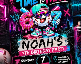 Baseball Birthday Invitation | 7th Birthday Party Invite | Editable Canva Template