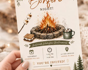 Bonfire Party Invitation Template, Campfire Invitation, Editable Canva Invite, Backyard Bonfire Party, Fall Campfire Invitation