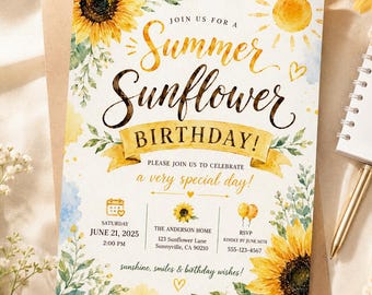 Summer Sunflower Birthday Invitation, Watercolor Sunflower Birthday Party Invite, Editable Floral Birthday Invitation Template