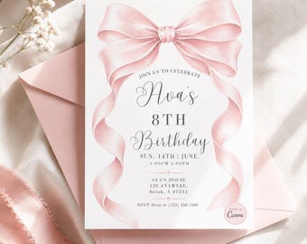 Pink Bow Birthday Invitation, Coquette Girl Party Template (Instant Download)