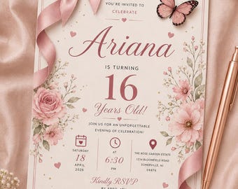 Pink Butterfly Sweet 16 Invitation, Sweet Sixteen Invite, Floral Birthday Invitation, Editable Canva Template, Digital Download