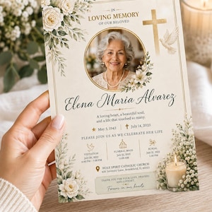 May include: A funeral program card featuring a circular portrait of an older woman, floral illustrations, a gold cross, and a white dove. The text reads In Loving Memory of our beloved Elena Maria Alvarez, including service details and dates.