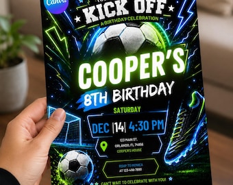 Neon Soccer Birthday Invitation | Football Party Invite | Editable Sports Birthday Canva Template | Boys Soccer Celebration