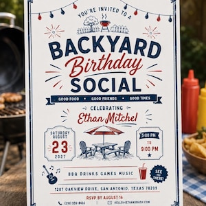 May include: A white rectangular invitation card with blue and red text and graphics. It reads Backyard Birthday Social, celebrating Ethan Mitchel on Saturday August 23, 2027, from 5:00 PM to 9:00 PM at 1287 Oakview Drive, San Antonio, Texas 78209.
