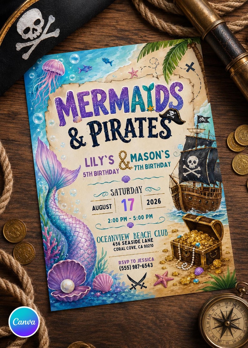 Op de afbeelding: Een rechthoekige verjaardagsuitnodigingskaart met een zeemeerminstaart, een piratenschip en een schatkist. De tekst luidt: MERMAIDS & PIRATES, LILY'S 5TH BIRTHDAY, MASON'S 7TH BIRTHDAY, SATURDAY AUGUST 17 2026, 2:00 PM - 5:00 PM, OCEANVIEW BEACH CLUB.