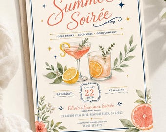 May include: A cream-colored invitation card for a Summer Soiree featuring watercolor illustrations of two cocktails, citrus slices, and greenery. The text includes event details for August 22, 2026, at 128 Harbor View Drive, Newport Beach, CA 92663.