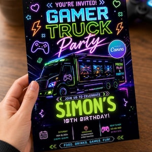 May include: A rectangular party invitation flyer with a black background and neon-style graphics. It features a gaming truck, controller icons, and text reading "GAMER TRUCK PARTY", "SIMON'S 10TH BIRTHDAY", and event details for May 18, 2024, in Sydney.