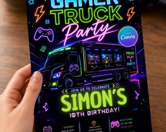 Gamer Truck Party Invitation | Neon Video Game Birthday Invite (Canva Template)