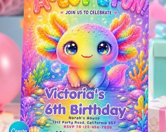 Rainbow Axolotl Birthday Invitation, Axolotl Birthday Party Invite, Cute Rainbow Birthday Invitation, Editable Canva Template,