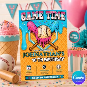 Baseball Ice Cream Drip Birthday Invitation, Editable Canva Party Editable (Digital Download)