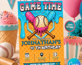 Baseball Ice Cream Drip Birthday Invitation, Editable Canva Party Editable (Digital Download)