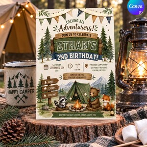 May include: A rectangular birthday invitation card featuring a camping theme with illustrations of a tent, campfire, bear, raccoon, and fox. The text reads Calling All Adventurers, Ethan's 2nd Birthday, Saturday September 6th 2025, and location details.