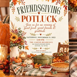 May include: A Friendsgiving potluck invitation card featuring autumn leaves, string lights, and text: FRIENDSGIVING POTLUCK, Join us for an evening of good food, great friends & gratitude, SATURDAY, NOVEMBER 15, 2025, 6:00 PM, THE CARTER RESIDENCE, 842 MAPLEWOOD DRIVE, AUSTIN, TX 78704, RSVP TO EMILY 512-555-0198 BY NOVEMBER 8TH.