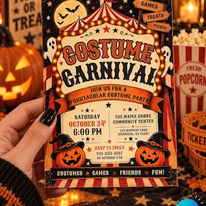 May include: A rectangular Halloween party invitation card featuring a red and white striped carnival tent design, two jack-o'-lanterns wearing witch hats, ghosts, and a full moon. The text reads Costume Carnival, Join Us For A Spooktacular Costume Party, Saturday October 24th 6:00 PM, The Maple Grove Community Center, 123 Harvest Lane, Riverside, CA 92507, RSVP To Emily 951-555-0187 By October 17th, Costumes, Games, Friends, Fun.