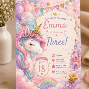 Unicorn 3rd Birthday Invitation, Pastel Unicorn Birthday Invite, Magical Princess Party Invitation, Editable Canva Template