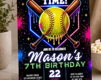 Glow Softball Birthday Invitation, Neon Softball Party Invite, Editable Canva Birthday Invitation, Glow Party Birthday Template